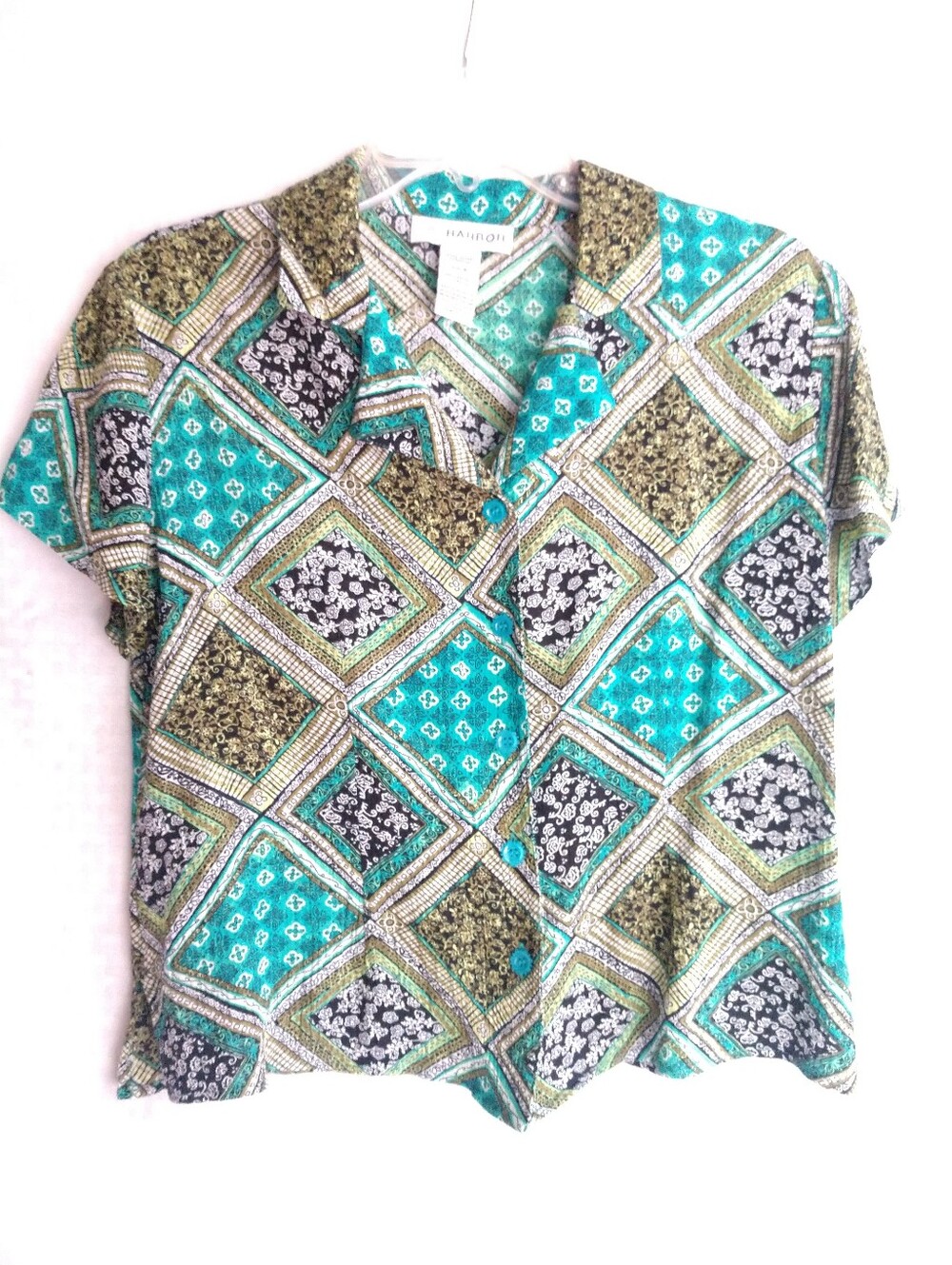 Cute Vintage Sag Harbor Short Sleeve Shirt Rayon Summer Green Blue Size 8 Petite
